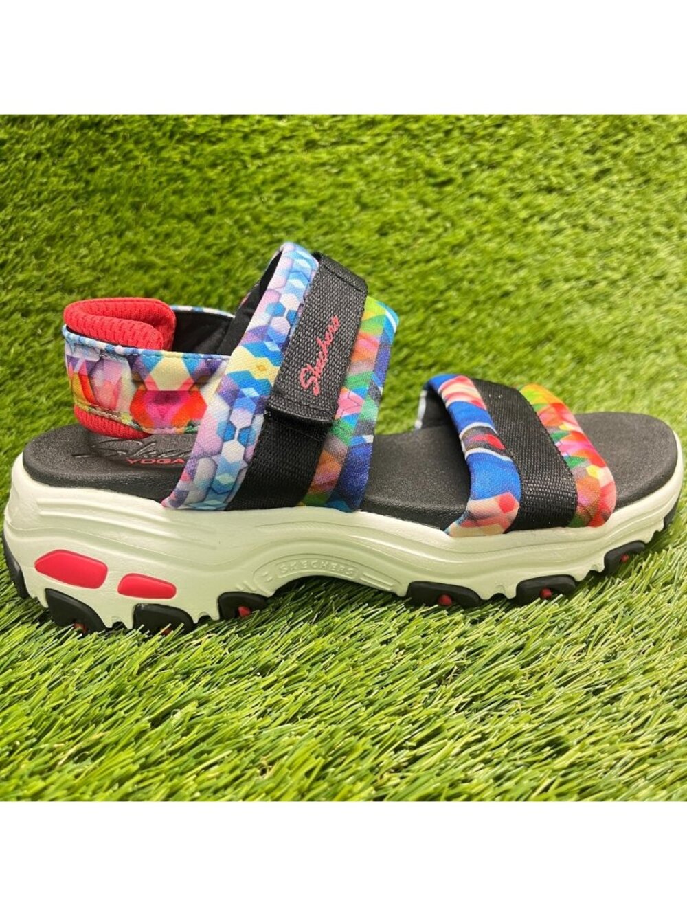 Skechers D'Lites Womens Size 6 Black Blue Pink Beach Outdoor Sports Sandals